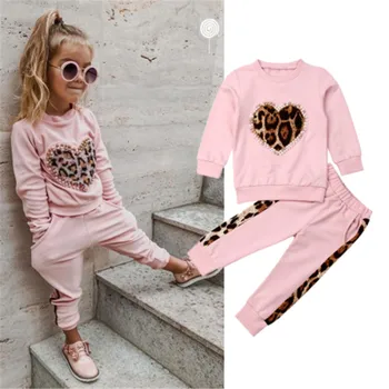 

1-6years Kids Girls Clothes Set Pink Love Heart Pullover Girls Side Leopard Long Pants Set Children Tracksuits For Girls Outfits