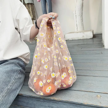 

2020 Daisy Embroidery Handbag Women Small Transparent Tote Mesh Cloth Bag Eco Flower Art Mesh Bag Purse For Girls Shopping Bags