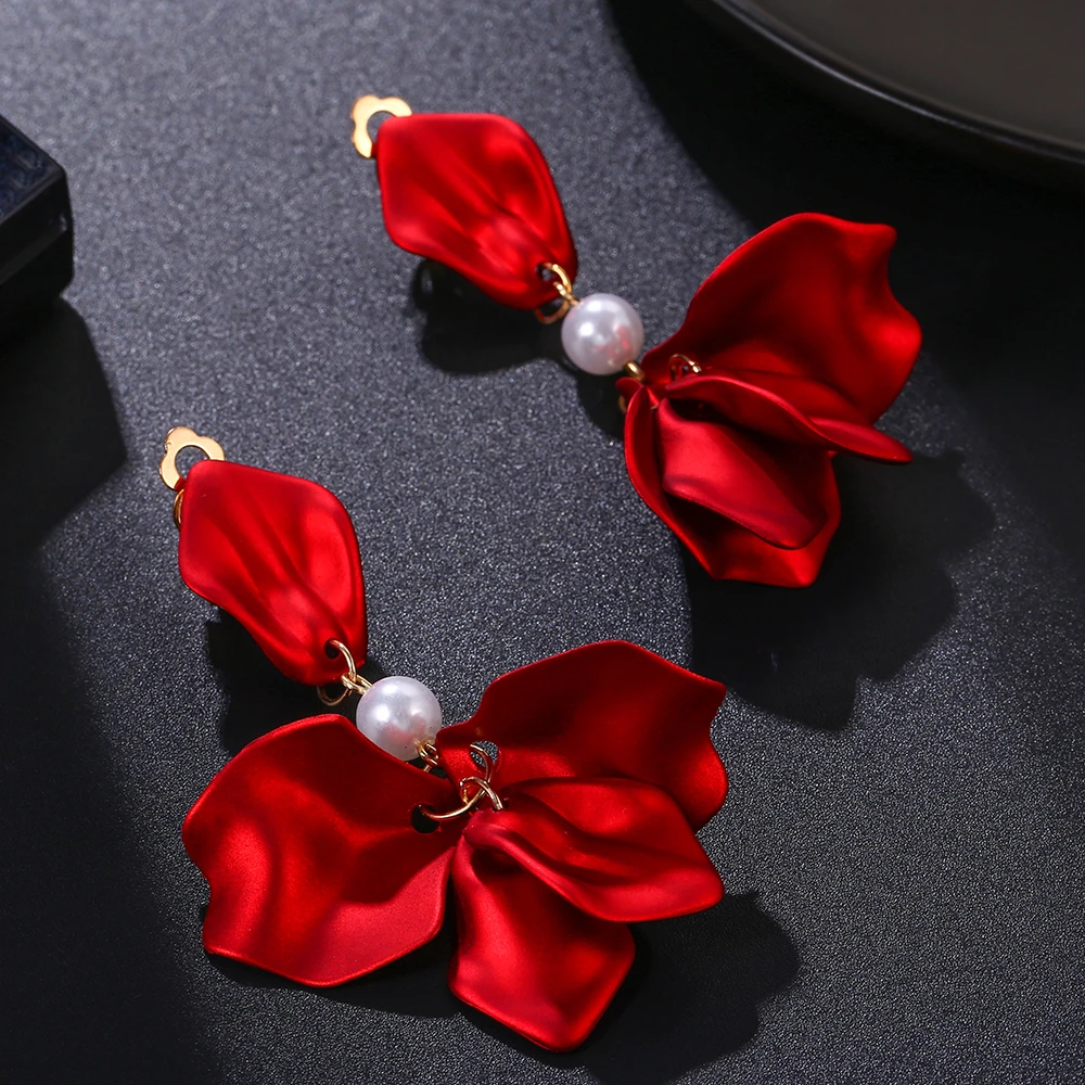 New Design Fashion Statement Red Flower Petal Clip on Earrings for Women New Hot Party Earring for Women Jewelry ear clip earrings clip earrings ear clip ear accessories