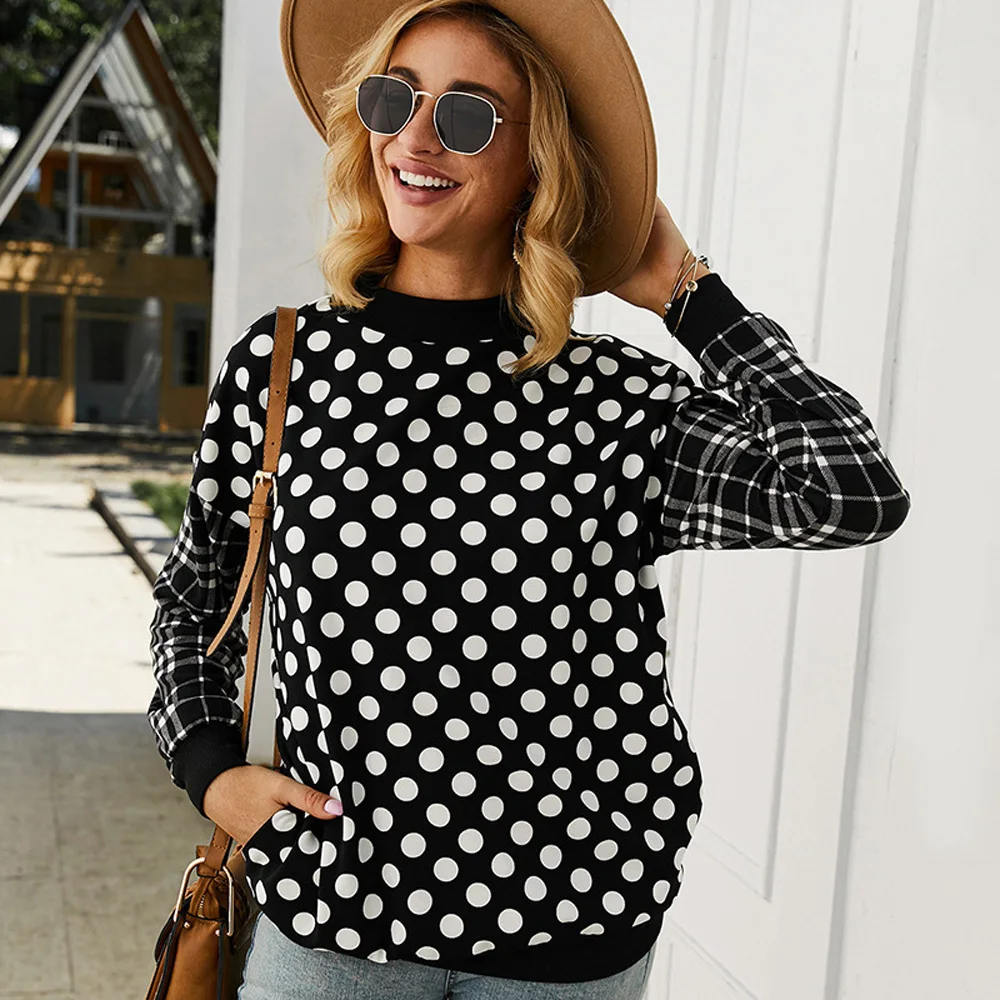 Black Women hoodies tops Polka Dot Plaid Long Sleeve Pullover Tops Splicing Casual Warm autumn lady loose fashion sweatshirt