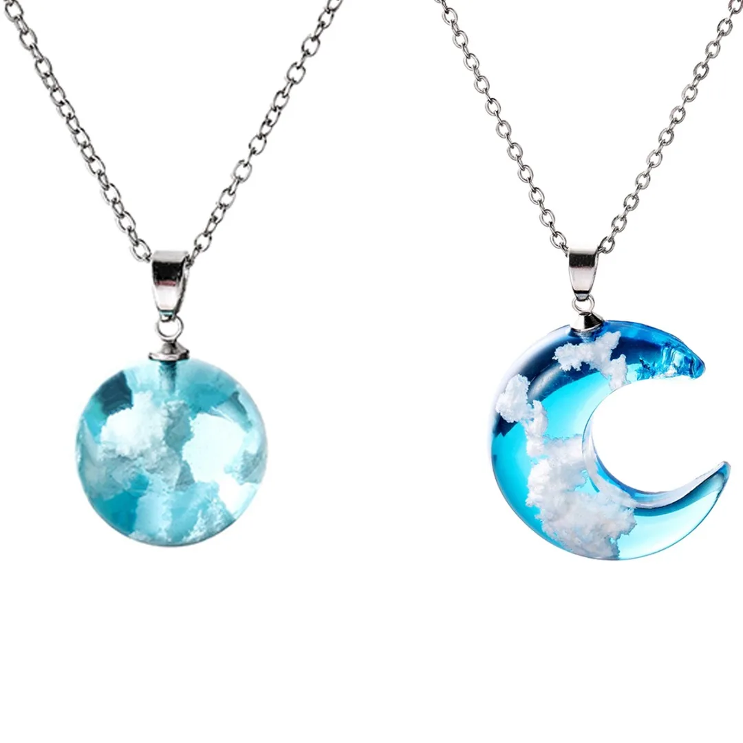 

Women Statement Blue Sky White Clouds Resin Glass Pendant Necklace Charm Trendy Silver Plated Moon Necklace Bohemian Jewelry