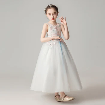 

Sundae Angel Girl Long Dress Elegant Applique High Waist Blue Belt Wedding Mesh Princess Dress For Girls Kids Bridesmaid Pageant