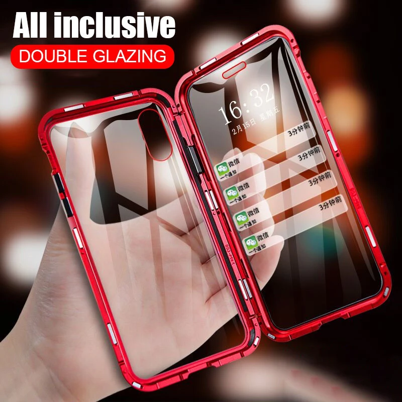 

Front +Back 360 Magnetic Adsorption Metal Glass Case For iphone 7 8 Plus Phone Case For iphone XR X XS MAX 6 6S Cover Coque Capa