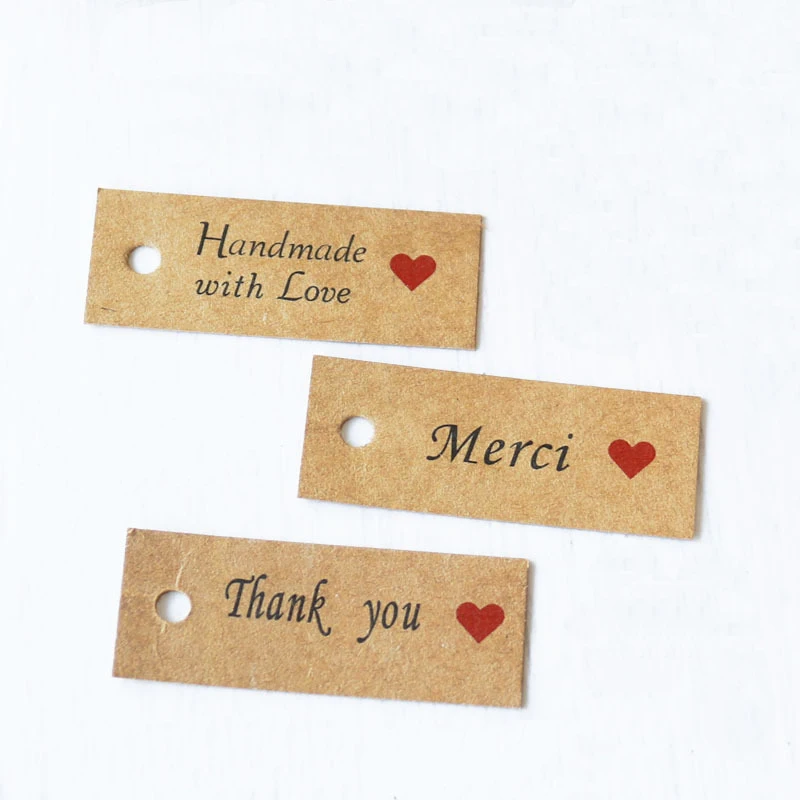 

100pcs/lot kraft Paper Red Heart Tag Letter Thank you Handmade French Merci Love Hand Tag Candy Box Gift Bag Decor Supplies