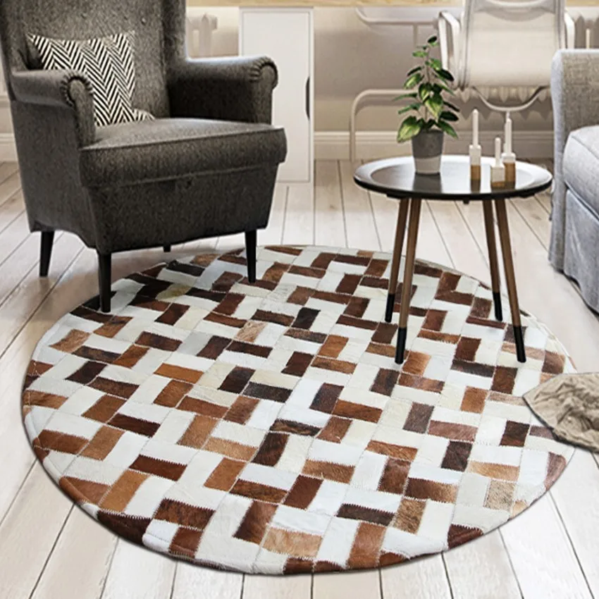American style brown color cowhide patchwork rug hand made round shaped real cow leather decoration villa carpet | Дом и сад