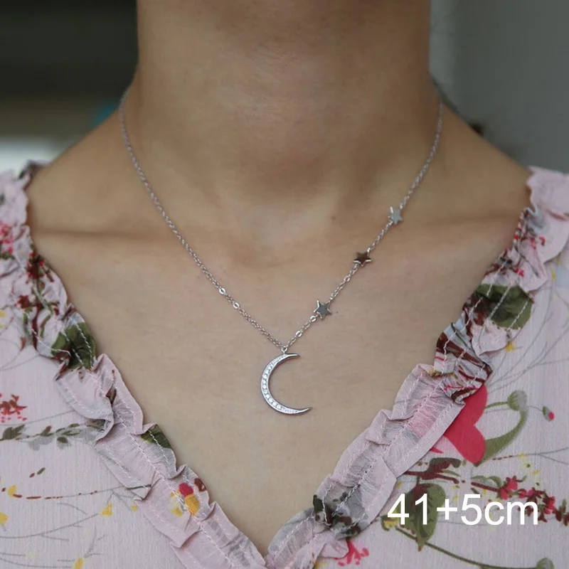 Platinum plating Cz луна звезда оберег ожерелье золотой розовый серебряный цвет Весна чокер двойная цепь нежный Искрящийся cz ожерелье с Луной и звездой - Окраска металла: Platinum plating