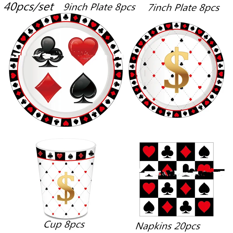Lot de 80 assiettes jetables Motif nuit de poker dans un casino de Las Vegas 23 cm