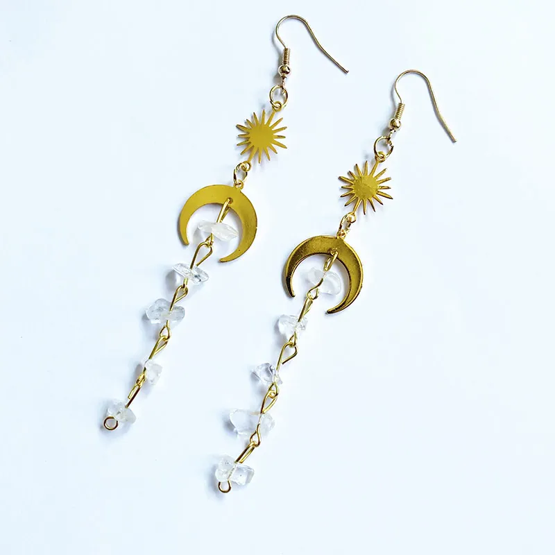 Quartz earrings,moon crystal earrings,moonstone earrings,sun and moon earrings,raw crystal earrings,clear Quartz,witchy earrings