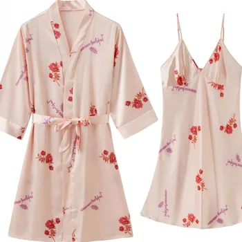 

Print 2PCS Robe Set Sexy Kimono Gown Women Nighty&Robe Suit Satin Intimate Lingerie Casual Nightdress Sleepwear Home Clothes