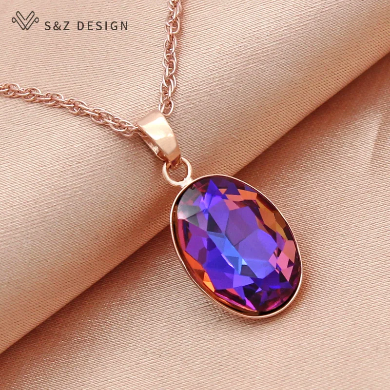 S&Z DESIGN New Fashion Egg Shape Oval Crystal Pendant Necklace For Women Wedding 585 Rose Gold Color Jewelry