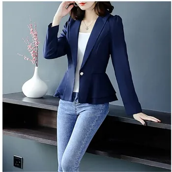 

Real shooting fashion monochrome long-sleeved small suit 2019 autumn new Korean style slim lotus leaf small suit short jacket