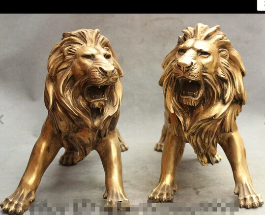 ---321+++22&quot Folk Chinese Brass Wealth Lion Head Statue FengShui Guard Sculpture Pair | Дом и сад