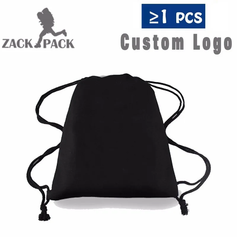 black without logo Zackpack, рюкзак на шнурке, Студенческая спортивная Хлопковая Сумка на шнурке, маленький рюкзак с принтом, индивидуальный логотип, DB33, Полиэстеровая сумка - Цвет: black without logo