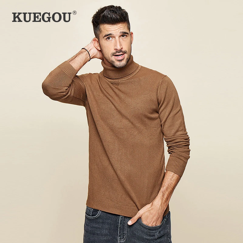 Baratos KUEGOU 2020 suéter de cuello alto negro liso de primavera para hombre Jersey Casual para hombre de marca de punto ropa estilo coreano 89002