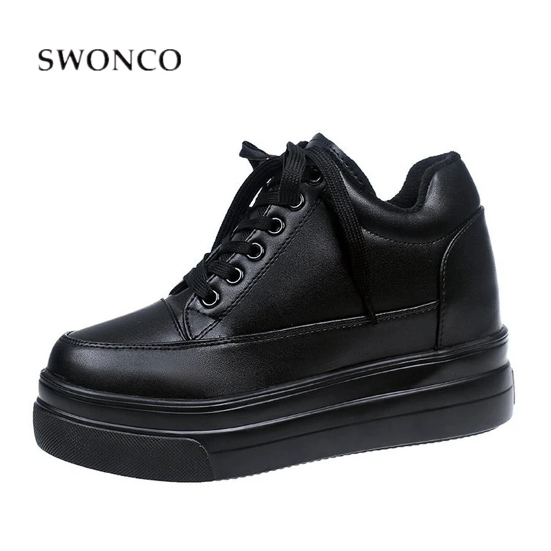 Женские кроссовки на платформе SWONCO черные повседневные с мехом обувь высокой