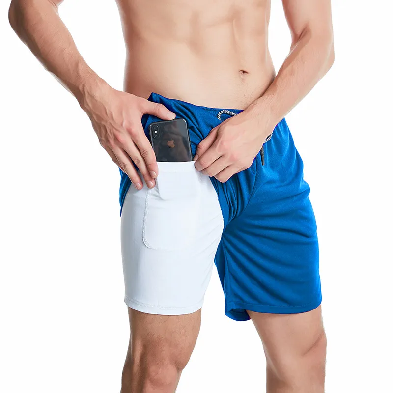 Для мужчин 2 в 1 шорты для бега Для мужчин спортивные шорты Кроссфит быстросохнущая тренировки Джоггеры мужские шорты для спортивного зала, со встроенным карман вкладыш - Цвет: Синий