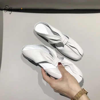 

OllyMurs New Spring Summer Women Flats Shoes Genuine Leather Square Toe Black Casual Comfortable Women Flat Mules Shoes Woman