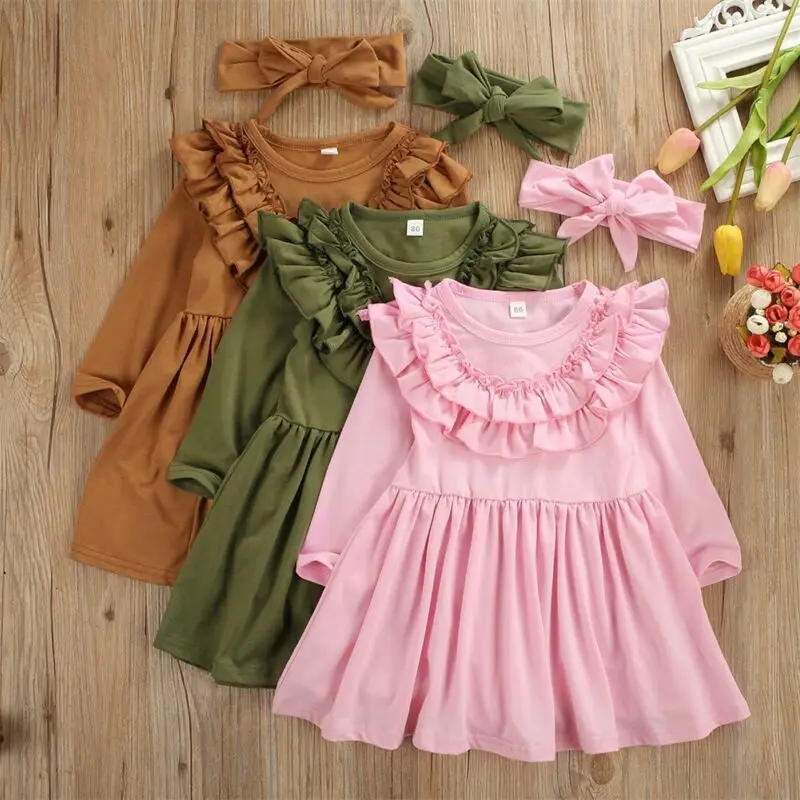 1-6Y Toddler Ruffle Dress Kids Baby Girls Party Casua Long Sleeve Headband Clothes Outfits Sundress | Детская одежда и обувь