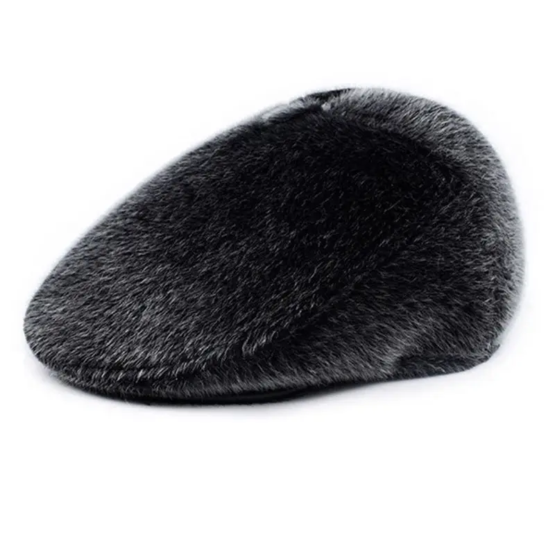 Mens Retro Winter Beret Hat with Earflap Thickened Fluffy Plush Warm Casual Outdoor Male Driving Newsboy Ivy Flat Cap Ear Warme - Цвет: Gray-L