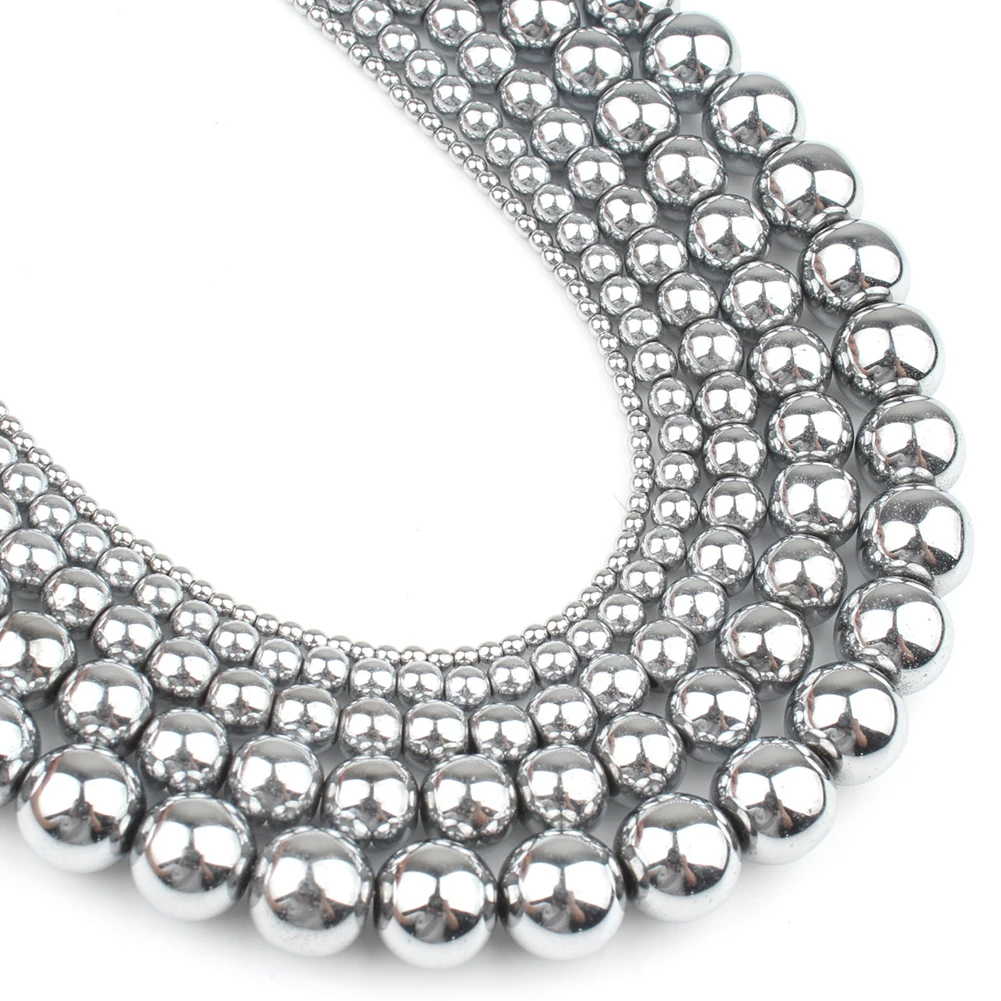 Loose Stone Beads Silver Hematite Natural Round Beads DIY Jewelry Making Bracelet Earring Accessories 15'' 2 3 4 6 8 10 12mm