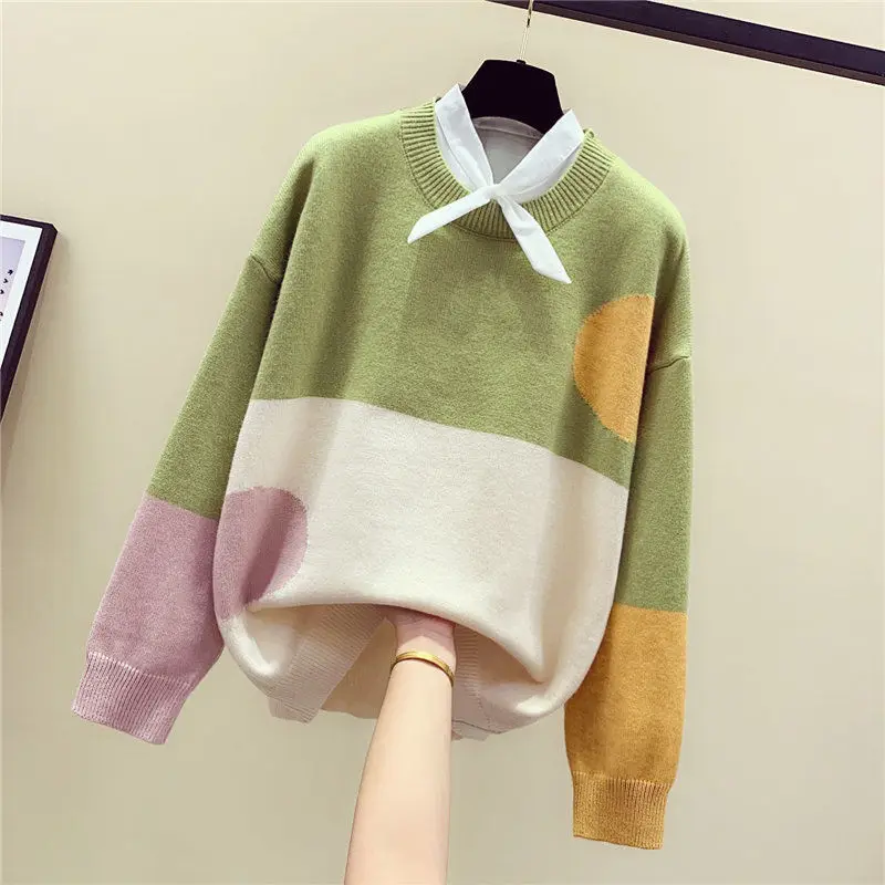 green Neploe Pull Femme женский поддельный свитер из двух частей контрастный цвет длинный рукав О-образный вырез трикотаж осень зима низ Pull Femme 55555 - Цвет: green