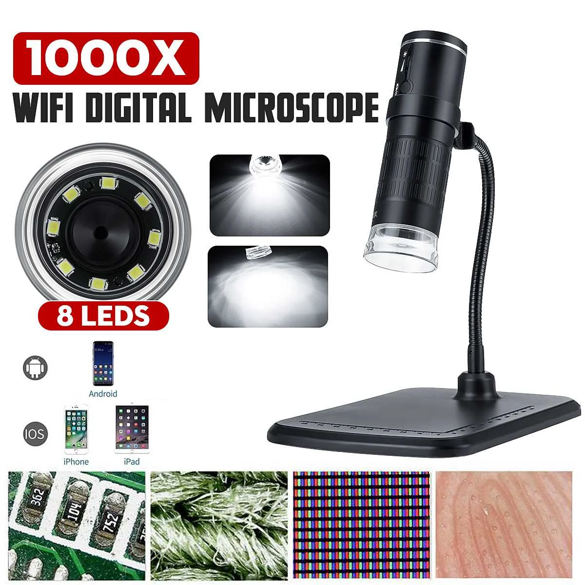 

1000X 2MP Handheld Wifi Digital Microscope Magnifier Camera With 8LEDs+Snake-Tube Stand For IOS Android PC