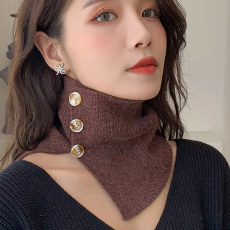 Fashion Wool Knit Windproof Warm Scarf Winter Thick Elastic Button Soft False Collar Neck Guard Scarves Women Bib Pullover O24