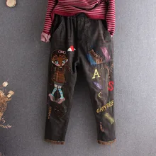 Женские джинсы, штаны-шаровары, с принтом, рваные, с мультяшными нашивками, с вышивкой, с эластичной талией, джинсовые штаны для дам, корейский стиль, с кисточками, для бега