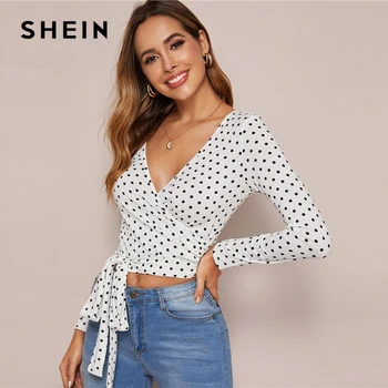 Женская футболка в горошек SHEIN, белый облегающий топ с воротником-стойкой и поясом, Элегантные короткие футболки на выход для весны и лета