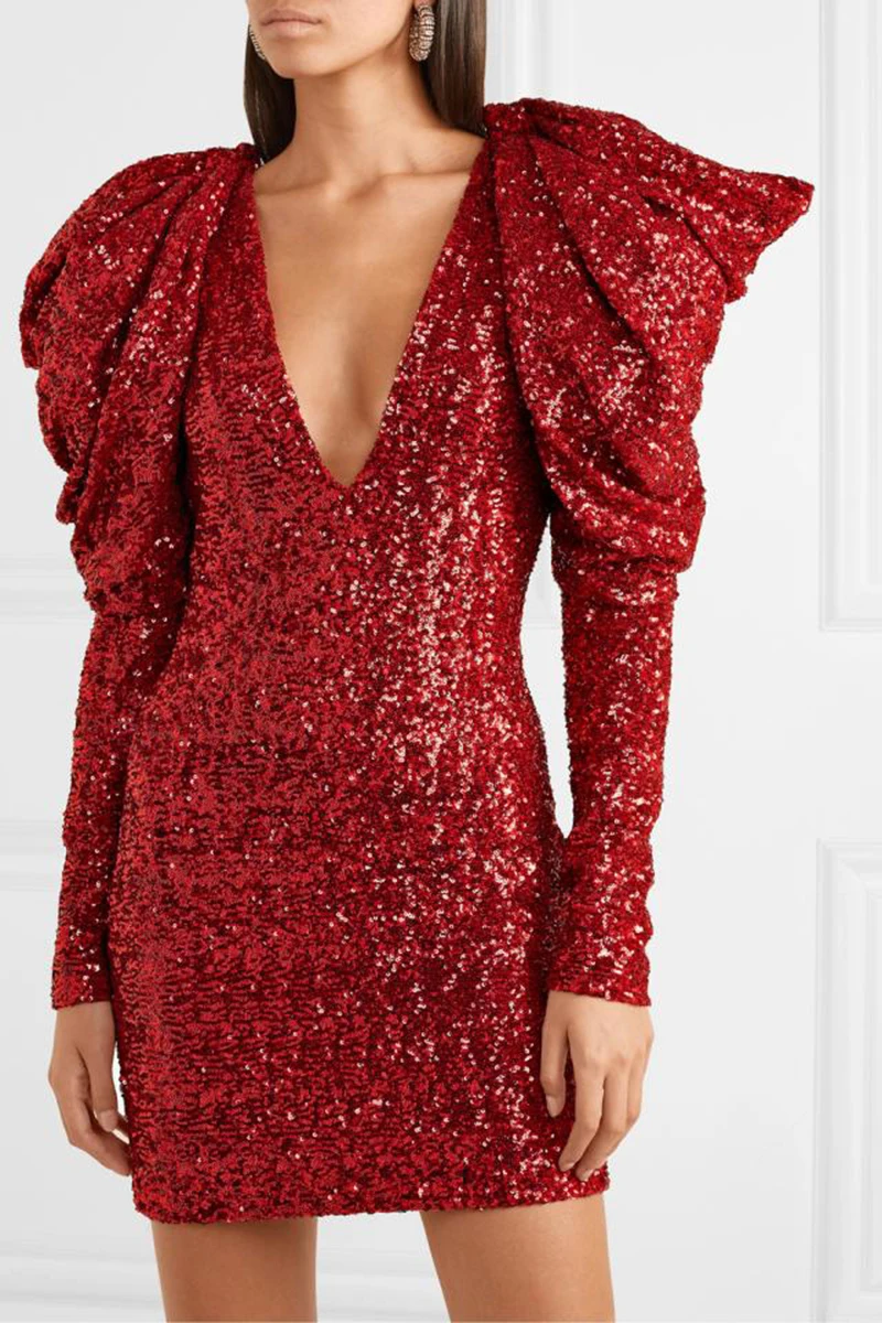 [MENKAY] Simplee сексуальное короткое вечернее платье с v-образным вырезом мини-платье красное женское уличное платье с длинным рукавом