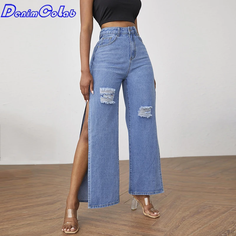 Модные широкие брюки DenimColab с высоким разрезом женские повседневные свободные