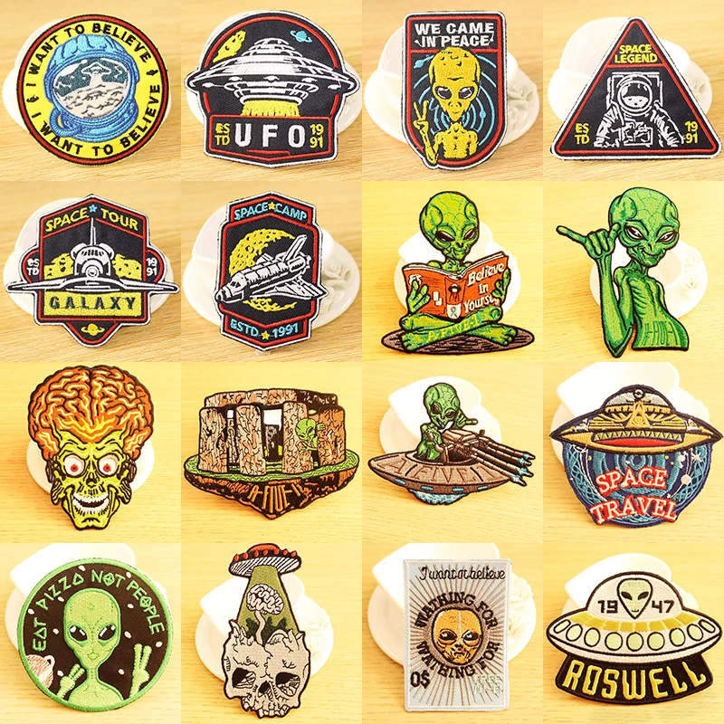 

UFO Alien Patch Outer Space Patch Heat-adhesive Embroidered Patches For Clothing Iron On Patches On Clothes Stripe DIY Hook Loop
