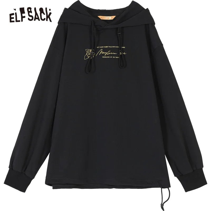 Black ELFSACK повседневные женские толстовки из хлопка, осень, модные женские толстовки с цветочной вышивкой и надписями, уличный сверхразмерный Топ - Цвет: Black