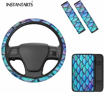 

INSTANTARTS Center Console Armrest Cushion 3D Blue Mermaid Fish Scale Steering Wheel Covers for Women Stylish Padding Washable
