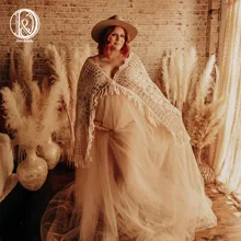

Don&Judy Beige Puffy Tulle Maternity Dress for Photography Long Sleeves Maternity Robe Photo Shoot Dresses Women Prop Boho Gown