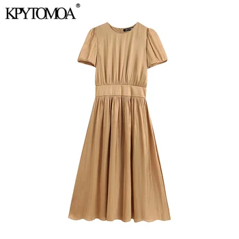 

KPYTOMOA Women 2020 Elegant Fashion Office Wear Midi Dress Vintage O Neck Short Sleeve Back Zipper Female Dresses Vestidos Mujer