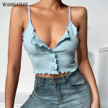 

WannaThis Blue Sleeveless Camisole Button Crop Tops Ruffles Skinny Elastic Backless V-Neck Sexy Fashion Summer Cropped Top Women