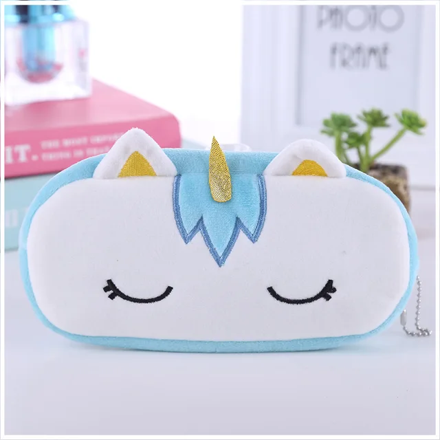 FUDEAM Soft Plush Cartoon Women Long Coin Purse Cute Zipper Girl School Stationery Pencil Case Usb Cable Storage Bag Key Wallet Unicorn Blue
