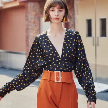 

Spring Autumn Sexy Deep V Neck Long Sleeve Polka Dot Print Blouse Shirt Women Retro Vintage Runway Designer Chiffon Tops Female
