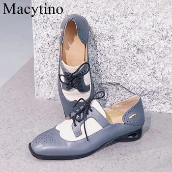 

Retro Square Toe Women Flat Shoes Lace-up Casual Grey White Shoes Woman Flats Prom Dress Shoe Cool Women Suits Shoes
