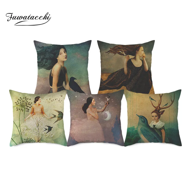 

Fuwatacchi Western Oil Painting Beauty Woman Cushion Cover Linen Portrait Pillow Cover for Home Sofa Chair Decorative Pillowcase