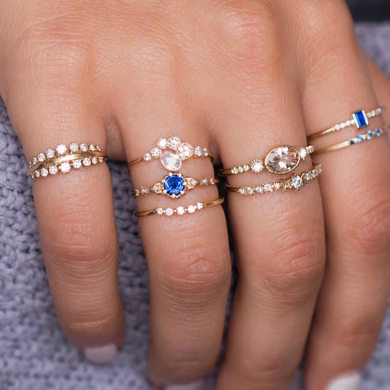

8 Pcs/Set Boho Blue Crystal Ring for Women Elegant Gold Color Geometric Rhinestone Finger Ring Wedding Party Jewelry Accessories