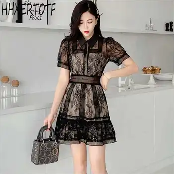 

2020 summer fashion elegant temperament Women's short Sleeve Lace Openwork Dress Retro turn down Collar Slim Dresses