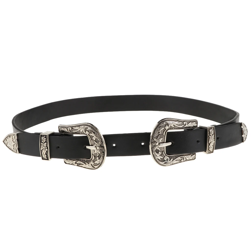 Women's Skinny Slim Retro Vintage Leather Double Buckle Belt Waist Strap for a Western Style Outfit or Casual Jean Belt