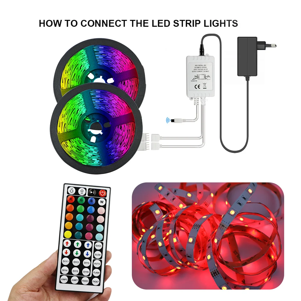 RGB LED Strip Lights Suit 5M/10M Color Changing Flexible Tape 12V with IR 44 Keys RGB Controller for Living Room Decorations
