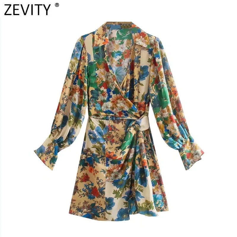 ZEVITY 2022 Women Vintage Floral Print Side Bow Tied Slim Kimono Mini Dress Female Chic Long Sleeve Casual Party Vestidos DS8979 | Женская