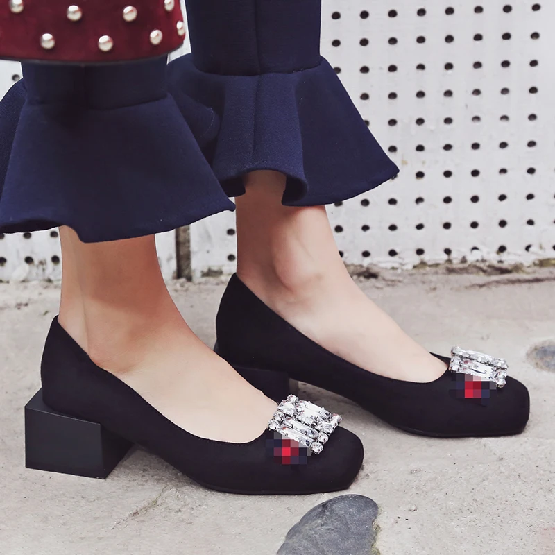 

Plus size 34-48 rhinestone women pumps square heel round toe high heeled Crystal woman shoes fashion Girls Sweet Casual shoes