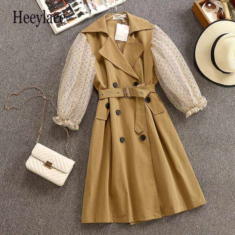 

High Quality 2019 New Trench Coat For Women Spring And Autumn Mesh Stitching Sleeve Double-breasted Trench Coat Long Dress