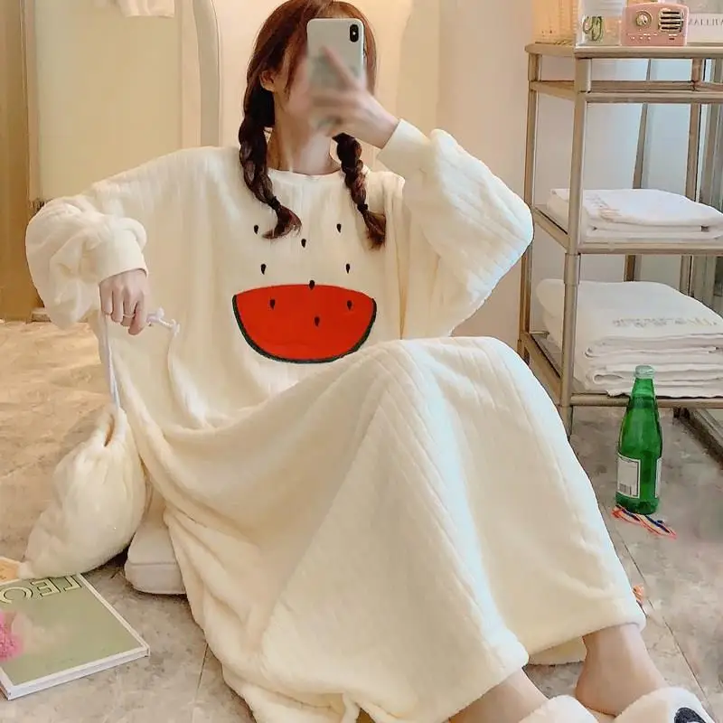 Зимние женские Kawaii пушистые радужные ночные платья японский стиль с длинным