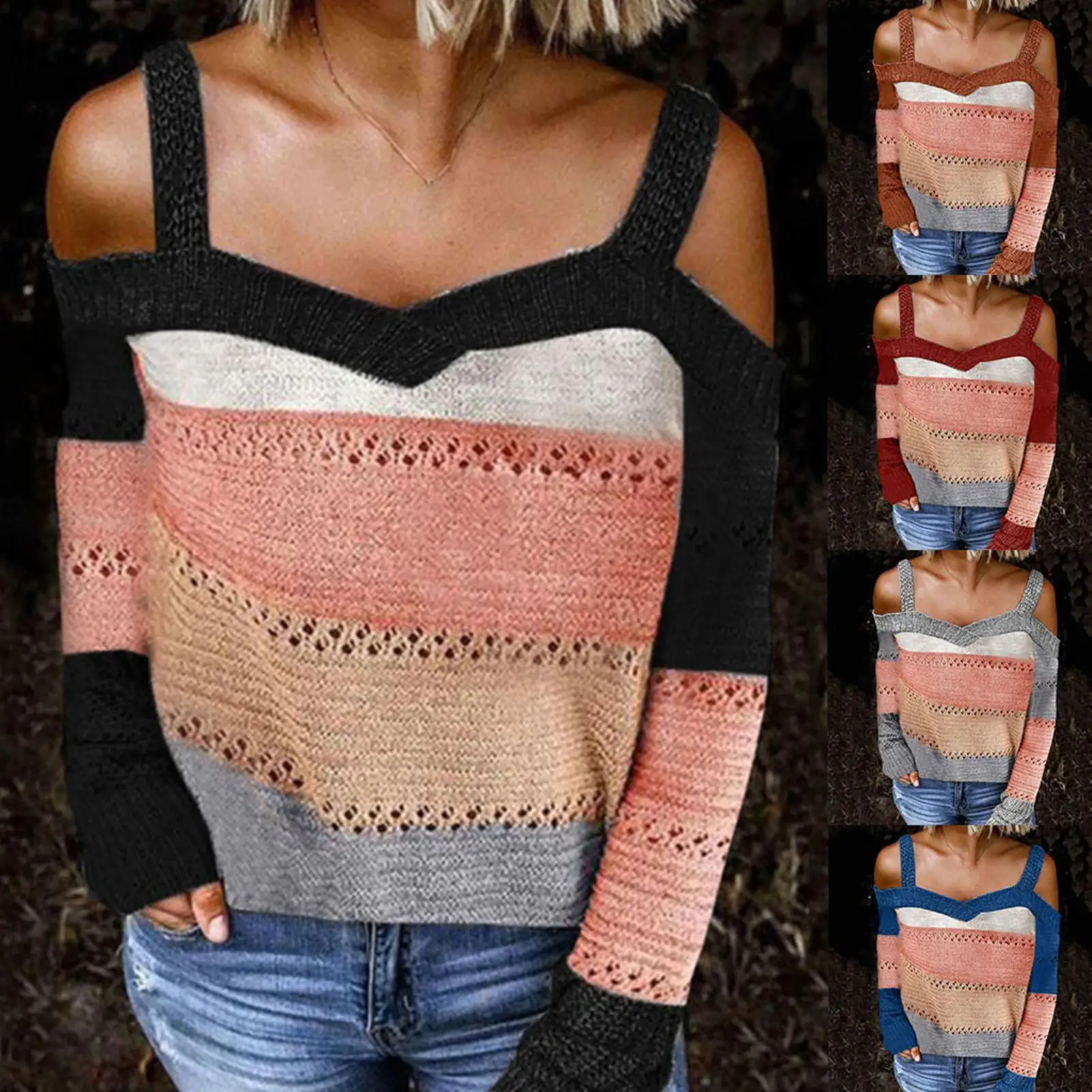 

Sexy Women Long Sleeve Cold Shoulder Knitted Sweater Strappy Pullover Jumpered